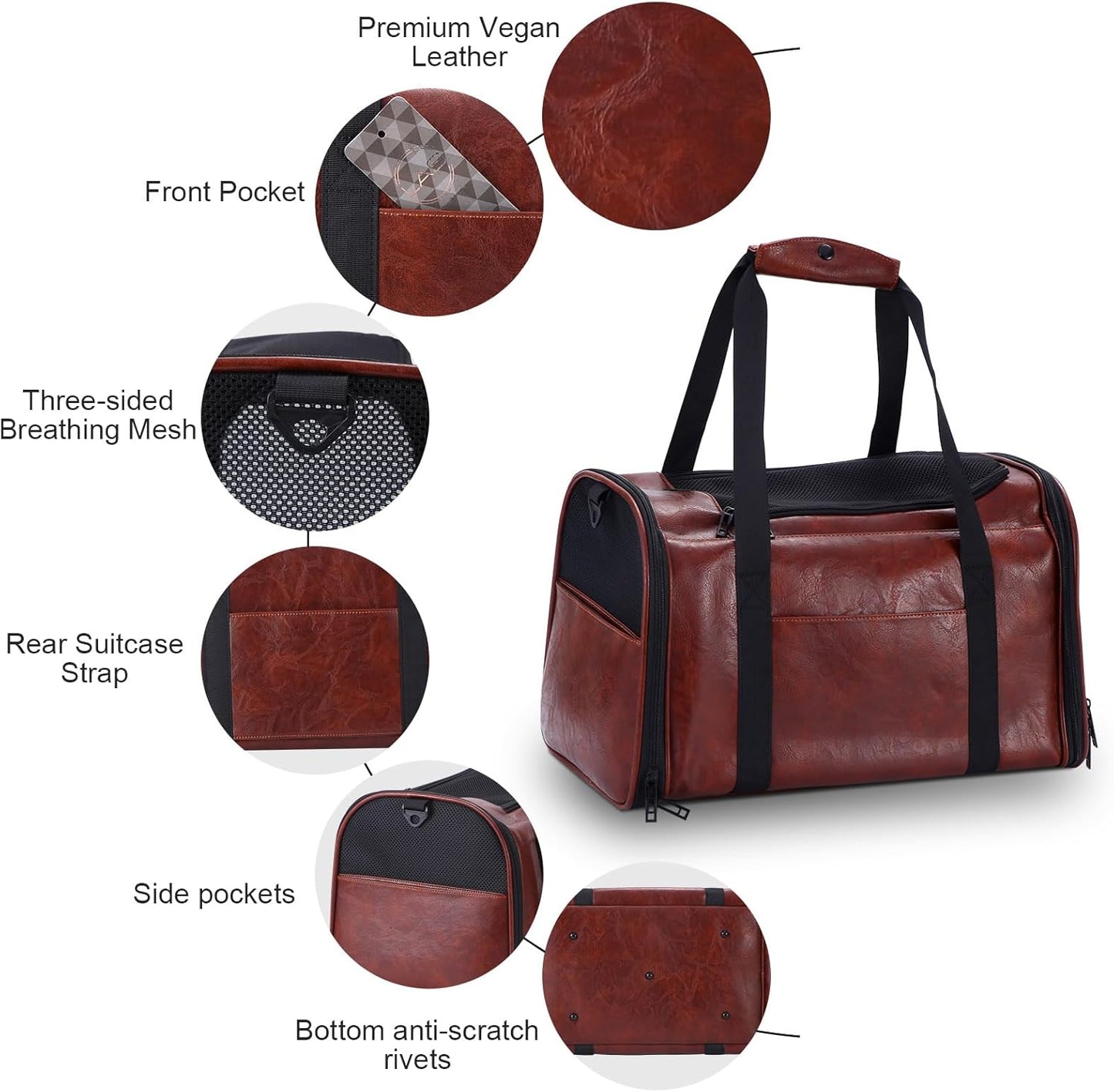 Fashion Leather Dog Carrier Cat Carrier Airline Approved Pet Carrier for Small Medium Dogs Cats Under 15Lbs, Collapsible Soft Sided Travel Puppy Carrier Coffee