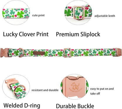 Elegant little tail St Patrick's Dog Collar, Green Clover Pet Collar Cotton Holiday Pet Collar Cute Puppy Collar Adjustable Pet Dog Collars for Medium Dogs