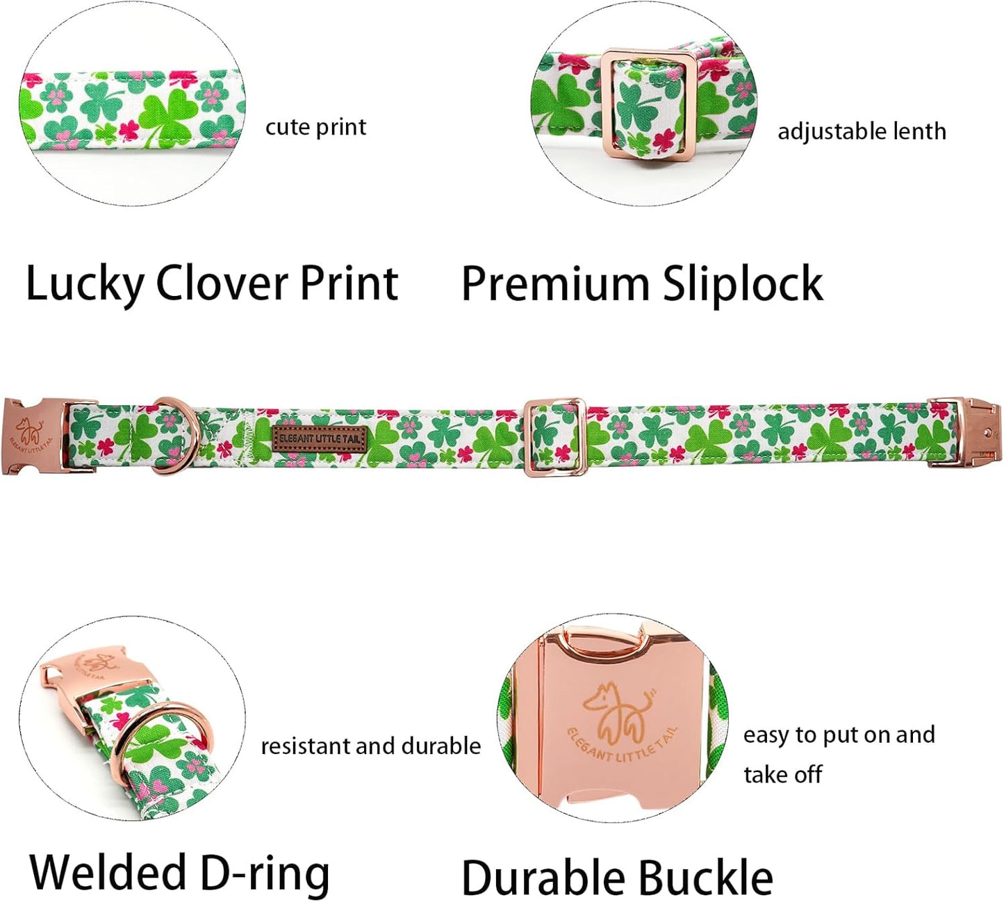 Elegant little tail St Patrick's Dog Collar, Green Clover Pet Collar Cotton Soft Holiday Pet Collar Cute Puppy Collar Adjustable Pet Collars for Large Dogs