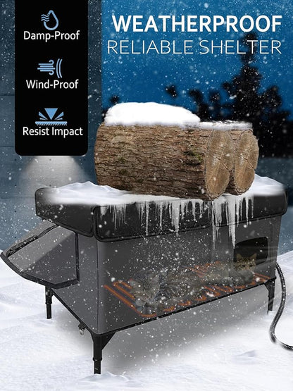 Heated Cat House for Outside Insulated in Winter,Fully Waterproof,with Adjustable Awning,Escape Door,Indoor Outdoor Cat Shelter for Feral Stray Barn Cat to Stay Warm&Dry,Black/Gray,Medium