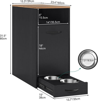 YITAHOME Dog Feeding Station with Storage, Dog Food Cabinet with 2 Feeder Bowls, Pull Out Elevated Dog Bowl, Black