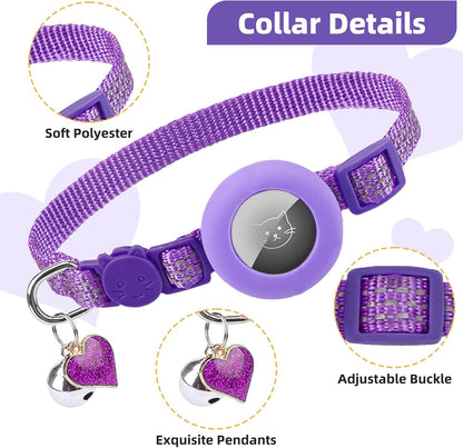 PUPTECK Airtag Cat Collar Breakaway 2 Pack with Bells, Reflective Kitten Collar with Air Tag Holder for Boy Girl Kitty and Puppies, Soft, Orange & Purple