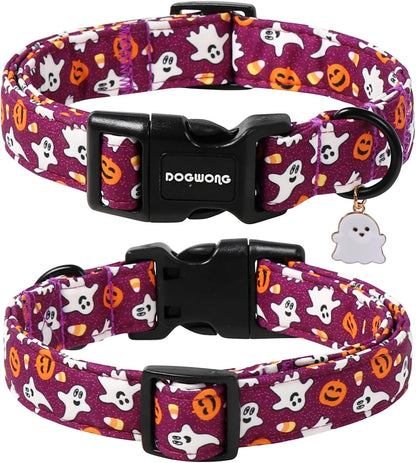 DOGWONG Halloween Dog Collar, Ghost Purple Dog Collars, Adjustable Cute Fall Pet Collars Autumn Design Dog Collar for Small Medium Large Dogs