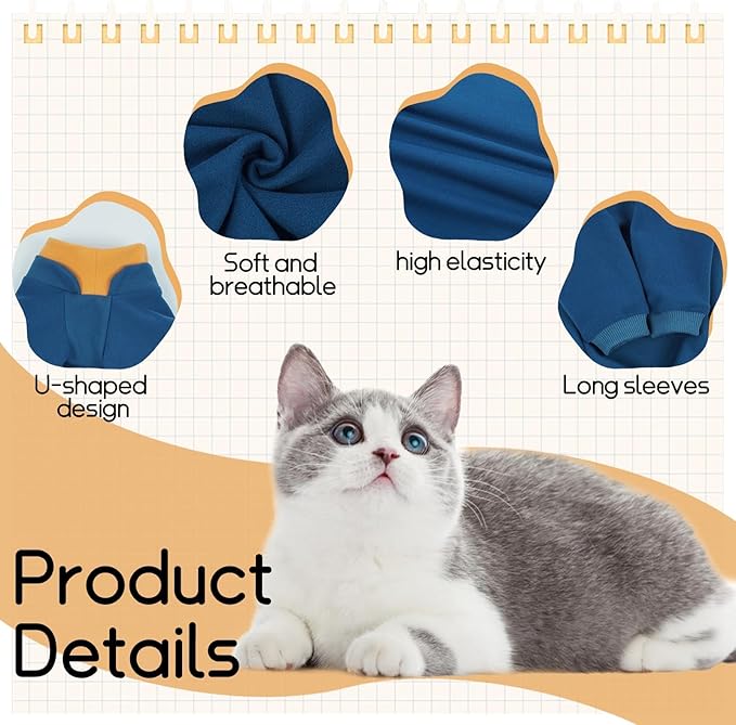 T'CHAQUE Sticky Hair Cat Onesie - Soft Long Sleeve Cat Pajamas, Anti-Shedding,Surgery Recovery Suit, Wound Protection & Preventing Licking, Kitten Sweaters for Male Female, Blue-L