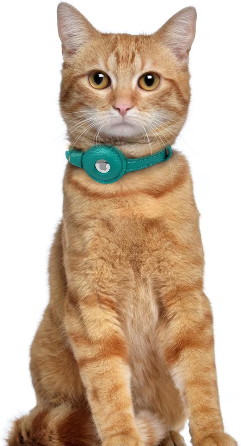 OOPSDOGGY Leather AirTag Cat Collar with Bell - Non Breakaway Kitten Collar with Apple Air Tag Holder - Lightweight GPS Pet Collars for Girl Boy Cats, Small Dogs, Puppies (Aquamarine)