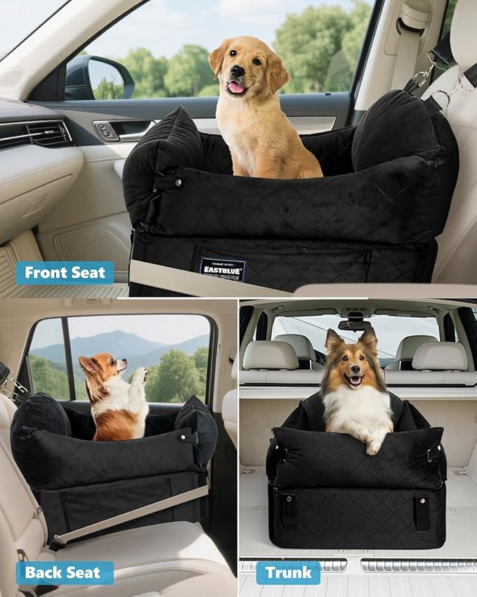 EASTBLUE Dog Car Seat for Small Medium Dogs Up to 35 lbs, 2 Memory Foam Pads Dog Booster Car Seat with Seatbelt, Washable Pet Carseat for Puppy & Cat, Dogs Travel Bed for Cars (Black)