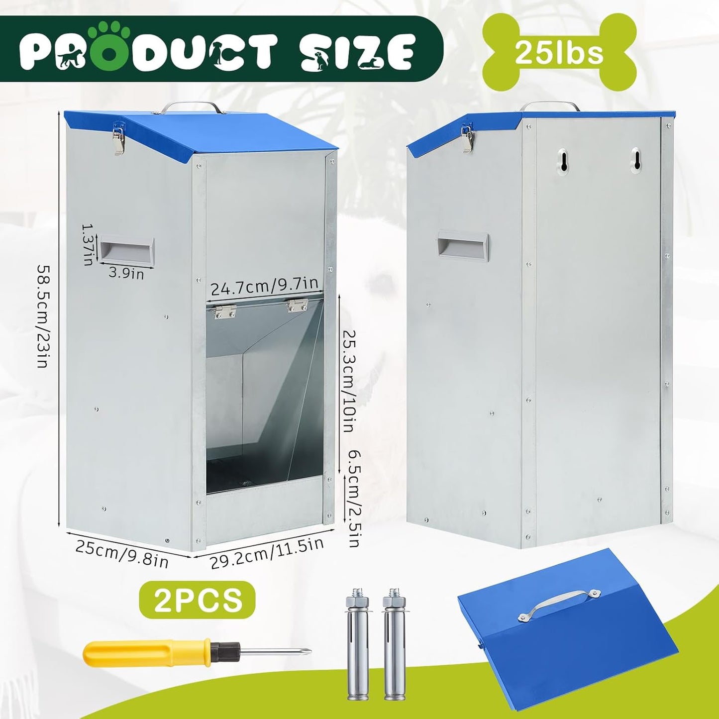 2 Pcs 25 Lbs Large Automatic Dog Feeders with Handle Acrylic Panel Galvanized Gravity Feeder Outdoor Hanging for Doggie Breed Dog Food Dispenser Container(Blue)