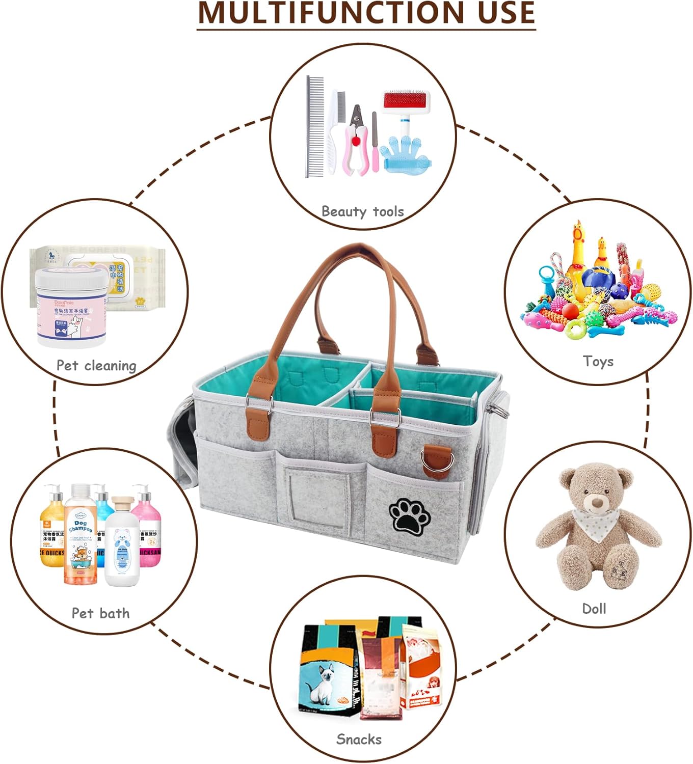 Felt Dog Grooming Bag,Portable Tote Bag for Dog and Cat,Puppy Storage Organizer for Grooming Tool Kit,3 Compartments Pet Stuff Oganizer with 8 Pockets