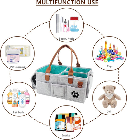 Felt Dog Grooming Bag,Portable Tote Bag for Dog and Cat,Puppy Storage Organizer for Grooming Tool Kit,3 Compartments Pet Stuff Oganizer with 8 Pockets