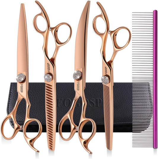 Rose Gold Titanium Dog Grooming Scissors Set 4PCS Curved Thinning Straight Chunkers Shears Kit with White Artificial Diamonds Ergonomic Offset Handle Japan 440C Sharp and Durable