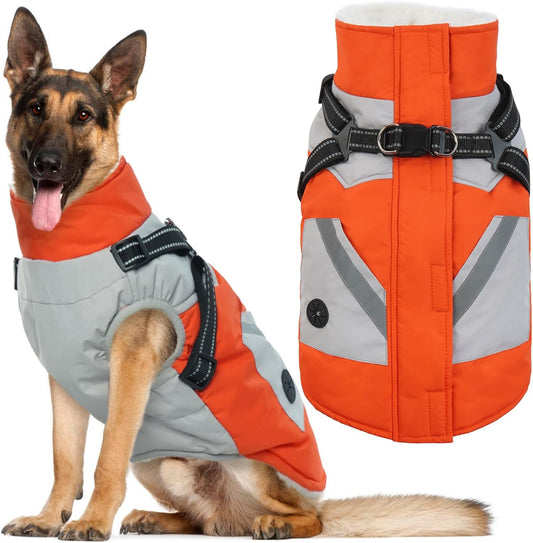 IECOii Dog Coat for Large Dogs Waterproof Dog Winter Jacket with Harness Built in, Orange - XXLarge, Thermal Warm Fleece Lined, Reflective Dogs Jackets for Cold Weather Camping, Hiking, Pitbull