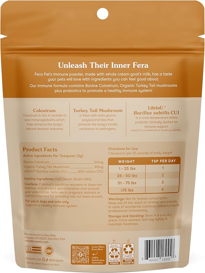 Fera Pets Immune Goat Milk for Dogs & Cats with Colostrum, Organic Turkey Tail Mushroom, & Probiotics - Improves Immune Response - for Picky Eaters - Powder - 60 TSP