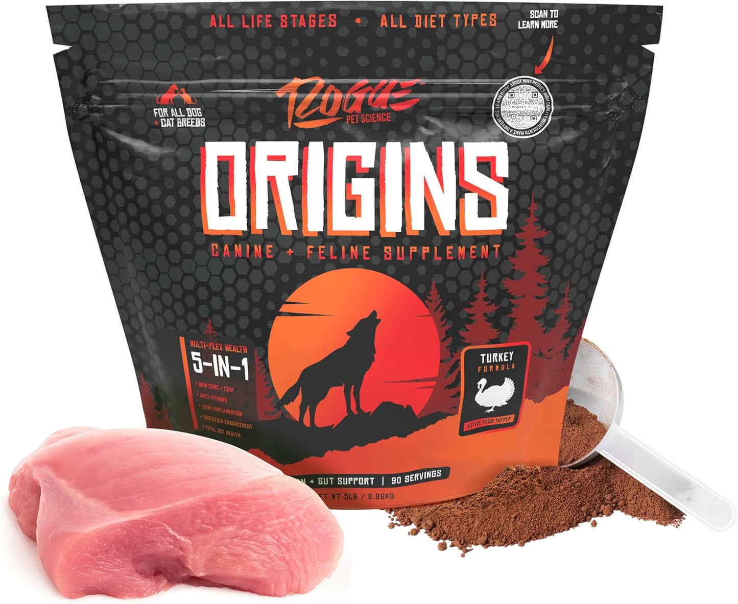 ROGUE PET SCIENCE Origins 5-in-1 Dog Supplement - Powdered Food Topper w/Natural Turkey Protein- Supports Healthy Digestion, Skin, and Coat - Helps Reduce Itching & Joint Inflammation (5LB)