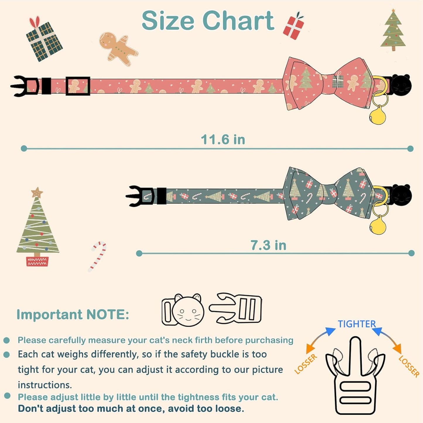 2 Pack Cotton Christmas Cats Collar with Bow Tie Red Green Cat Collars for Girl Female Boy Male Cat Collar with Bell Gingerbread Man Christmas Trees Charms