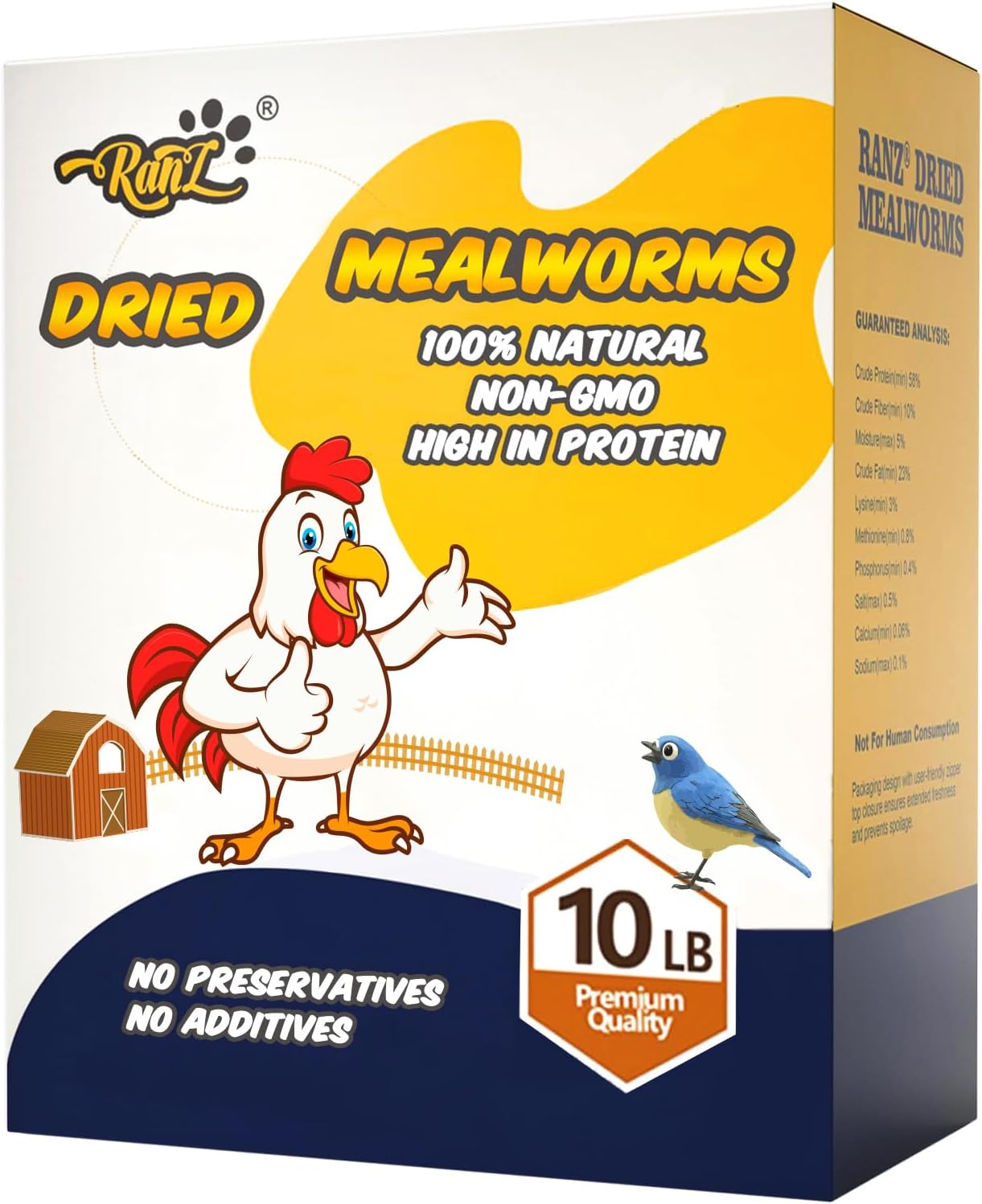 RANZ 10LBS Non-GMO Dried Mealworms for Chickens, High Protein Meal Worms, Premium Chicken Feed, Perfect Bird Food and Chicken Treats, Whole Large Mealworms for Wild Birds, Ducks, Fish