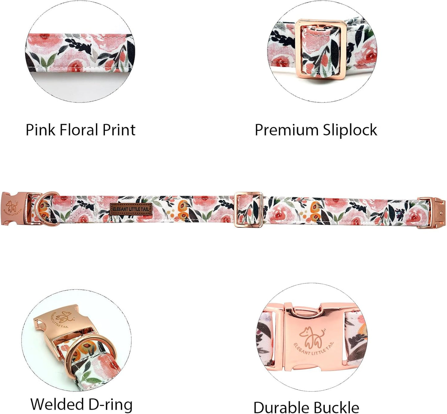 Elegant little tail Dog Collar, Pink Floral Pattern Pet Collar Summer Durable Cute Dog Collars Male or Female Pet Gift Adjustable Dog Collar for X-Small Dogs