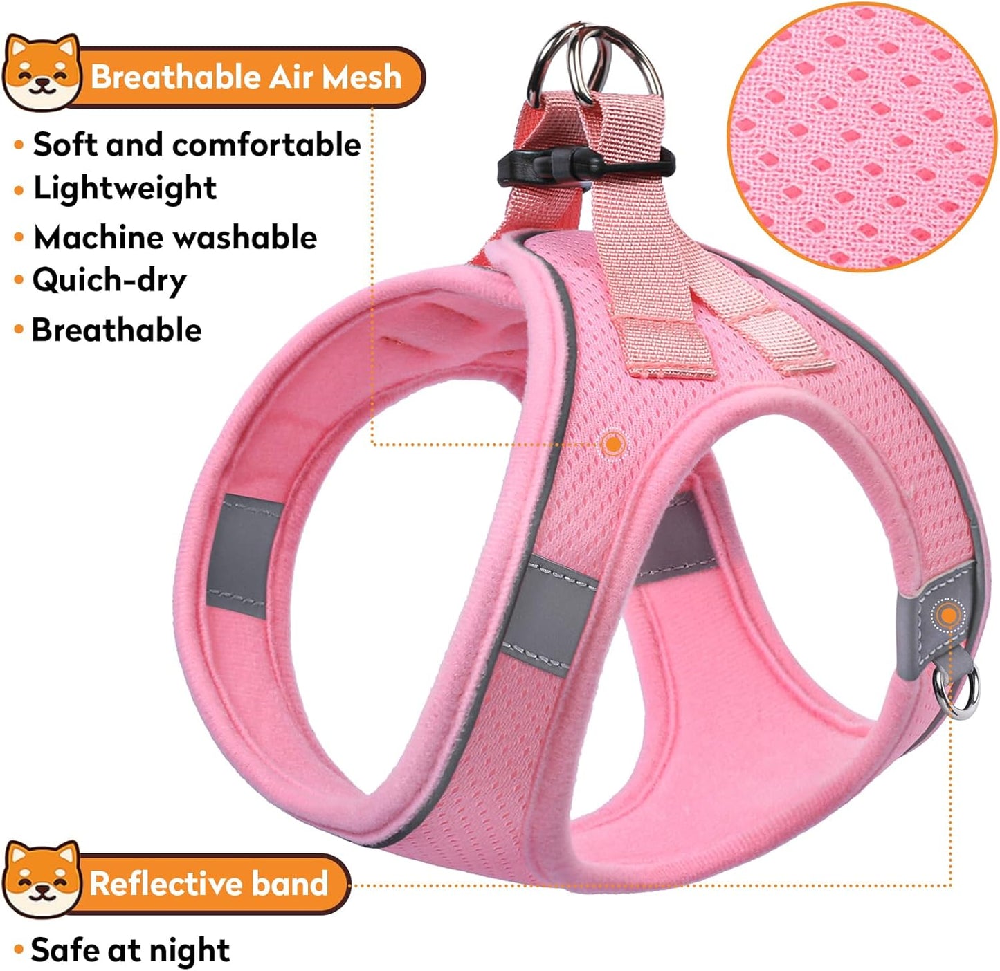 Dog Harness with Leash Set, No-Pull Step-in Reflective Pet Harness with 1 Leash Clips, Adjustable Soft Padded Easy Walk Dog Vest for Small Medium Large Dogs, Cats(Light Pink, Small)