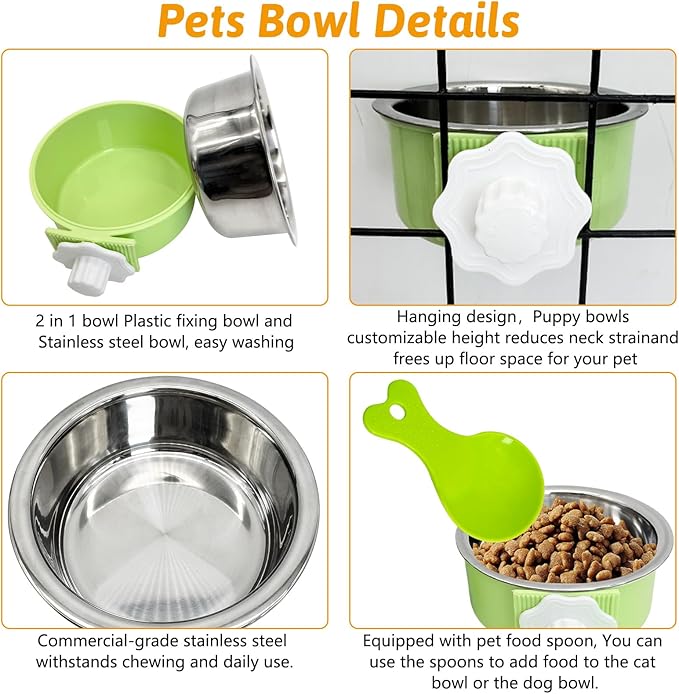 Hamiledyi Crate Dog Bowl Cat - Removable Stainless Steel Hanging No Spill Pet Bowl for Kennels Durable Detachable Design Fits Small Medium Dog Cages (2 Pcs, Green