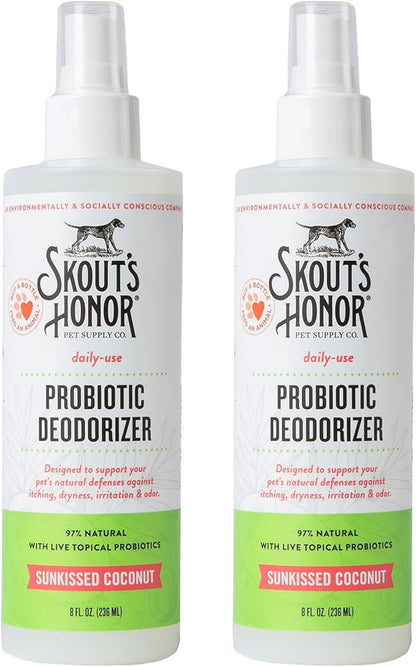 SKOUT'S HONOR Probiotic Pet Deodorizer Spray- Hydrating Daily-Use with Avocado Oil & Omega-3s, Microbiome Friendly Certiified, Paraben & Sulfate-Free, 97% Natural, 8oz, Sunkissed Coconut, 2-Pack