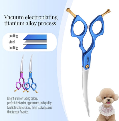Professional Left Handed Curved Dog Grooming Scissors with Sharper Self Grinding lightweight and finely trimmed split structure 6.5'' Japan VG10 63HRC for small dogs cat pet(Blue)