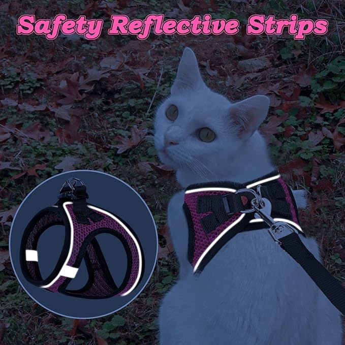 Cat Harness and Leash for Walking Escape Proof, Adjustable Kitten Vest Harness Reflective Soft Mesh Puppy Harness for Outdoor, Comfort Fit, Easy to Control (Pink, L)