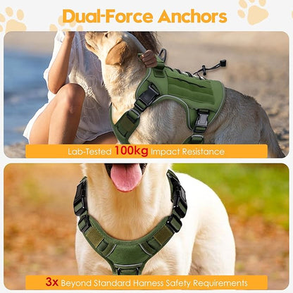 Heavy-Duty Tactical Dog Harness for Large Dogs, No Pull Adjustable Reflective Pet Vest with Molle System, K9 Military-Grade Control for Service Training, Outdoor & 10+ Breeds, Green, X-Large