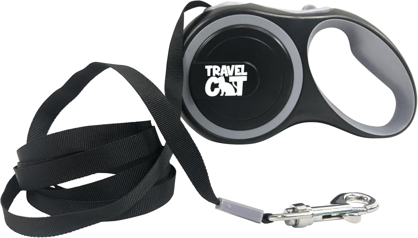 Travel Cat Retractable Expandable Leash - Black 10 Ft Long Strong Tape, Release/Lock Button and Anti-Slip Handle for Small to Large Cats - Light Pet Leash for Walking, Training