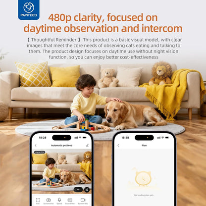 PAPIFEED Automatic Cat Feeder with Camera with 84 oz/2.5L Automatic Pet Drinking Fountain，‌Adjustable Angle 2.4G WiFi/App Pet Food Dispenser，3.5L/15 Cup Timed Dispenser with Two-Way Audio