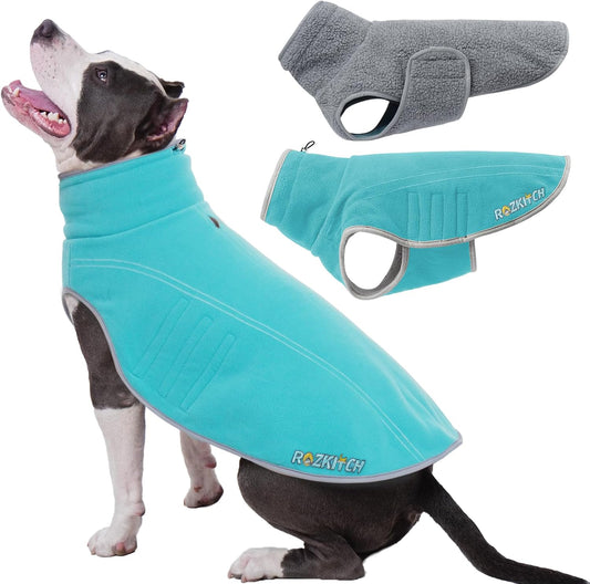 ROZKITCH Reversible Dog Coat Super Warm Fleece Sherpa Sweater with Leash Hole & Embroidery, Adjustable Double-Sided Plush Sweatshirt for Medium Large Breeds Bluegreen 2XL