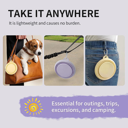 Collapsible Dog Bowls 2-Pack, Portable Travel Dog Bowl with Carabiner, Food-Grade Silicone Pet Bowl for Hiking, Walking (Macaron Yellow and Violet)