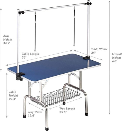 36" Dog Grooming Table Foldable Pet Grooming Tables with Adjustable Arm Noose Storage Mesh Tray Maximum Capacity Up to 330lbs Blue