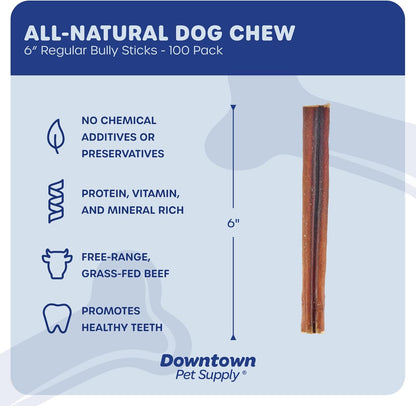 Downtown Pet Supply Bully Sticks for Dogs - Natural 6 Inch Beef Chews, Odor-Free & Rawhide-Free, Long Lasting Dog Treats for Aggressive Chewers - Healthy, Safe & Delicious Chews Dogs Love (100 Pack)