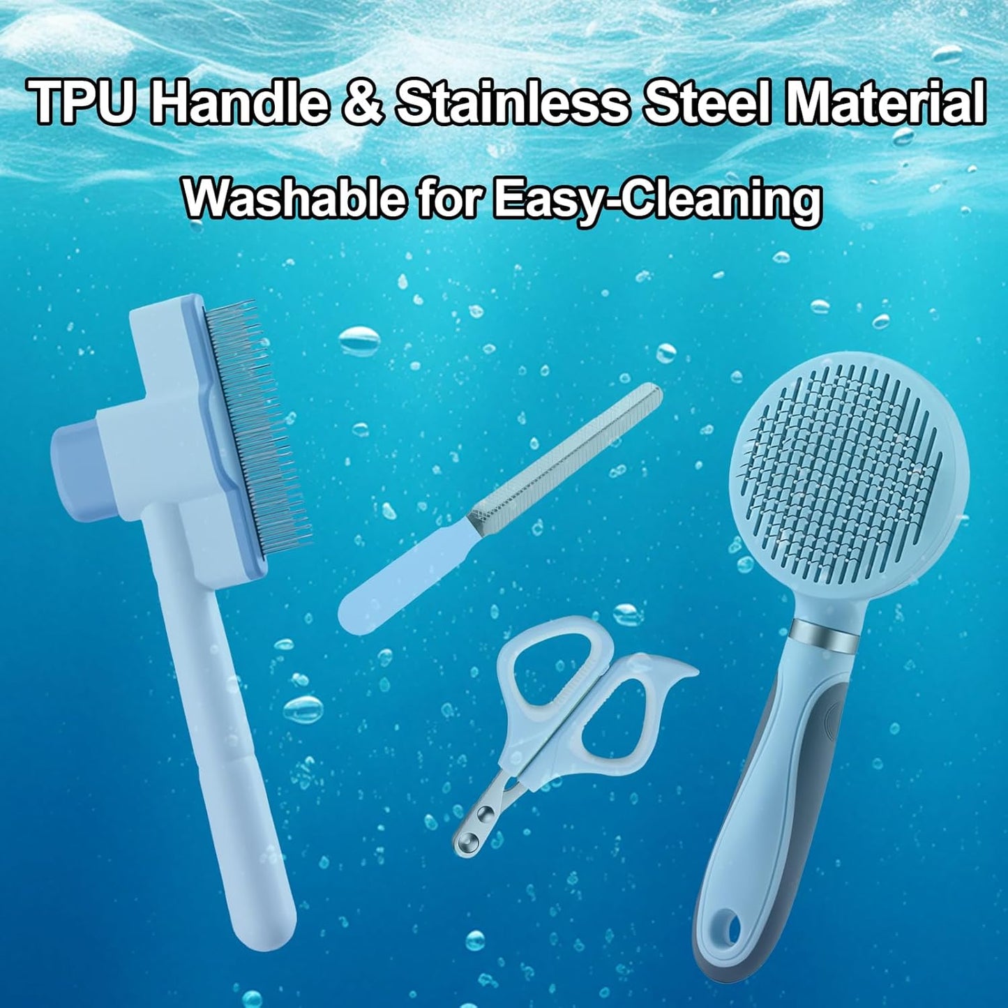 Cat Grooming Kit, 4-in-1 Cat Grooming Tools with Cats Brush, Flea Comb, Nail Clipper & Trimmer - Deshedding & Dematting for Pets Hair and Paws, Pet Shedding Set for Indoor Dogs & Cats (Blue)