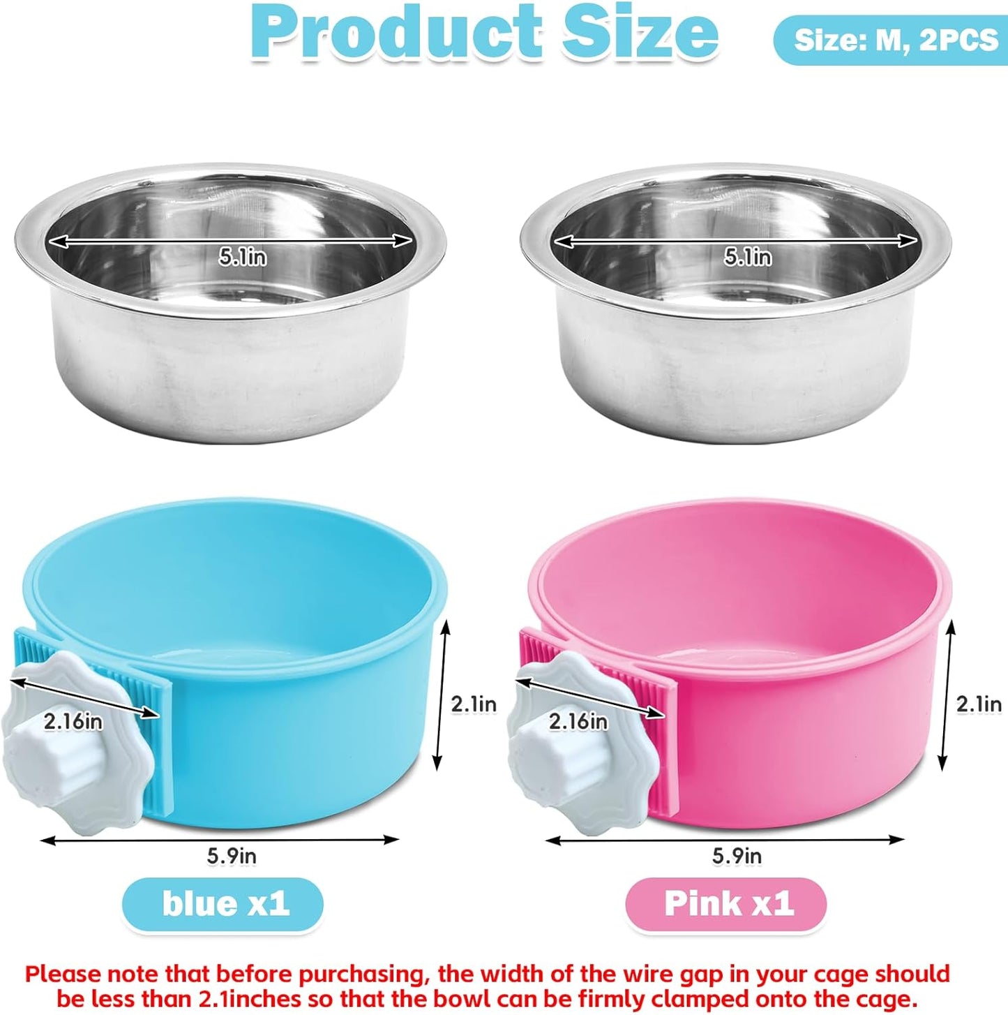kathson Crate Dog Bowl, Removable Stainless Steel Hanging Pet Cage Bowl Food & Water Feeder Coop Cup for Cat, Puppy, Birds, Rats, Guinea Pigs (2 PCS, Size: M, Blue and Pink)