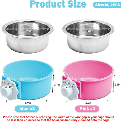 kathson Crate Dog Bowl, Removable Stainless Steel Hanging Pet Cage Bowl Food & Water Feeder Coop Cup for Cat, Puppy, Birds, Rats, Guinea Pigs (2 PCS, Size: M, Blue and Pink)