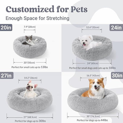 rabbitgoo Calming Dog Bed for Small Medium, 30 inches Pet Bed Machine Washable, Non-Slip Round Fluffy Plush Faux Fur Large Cat Cushion, Soft Donut Cuddler Cushion for Small Dogs, Light Grey