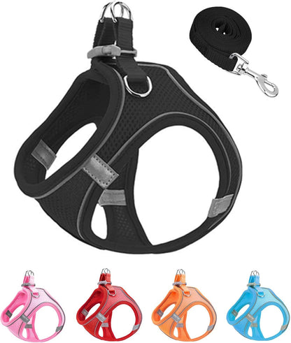 S Black Soft Mesh Dog Harness and Leash Set,No Escape Puppy Harnesses for Training Walking， Reflective Adjustable Puppy Vest for Small Medium Dogs, Cats (Black, S)