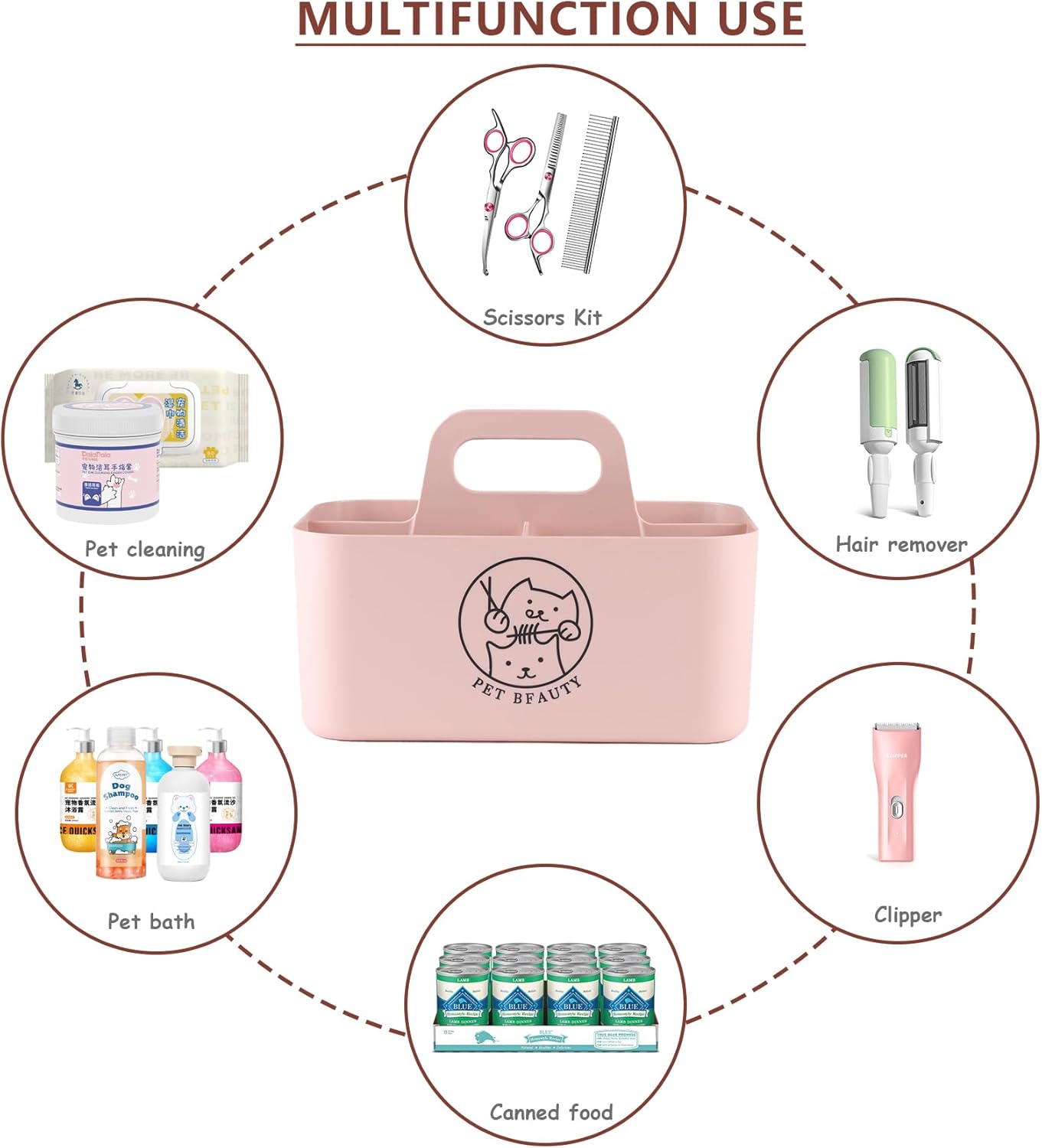 5-Compartment Pink Dog Stuff Storage Caddy for Grooming Supplies, Portable Organizer with Handle