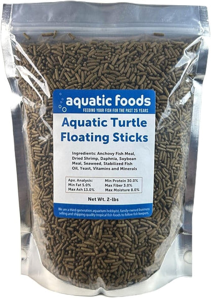 Aquatic Foods Inc. Aquatic Turtle 3/8" x 1/8" 30% Protein Floating Sticks for Aquatic & Semi Aquatic Red Ear, Painted. Map, Soft Shell Pond Turtles...WL…2-lbs Foil Pouch Bag