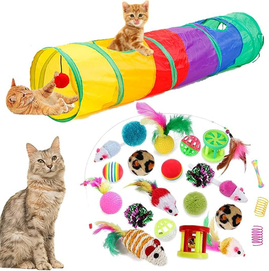 32Pcs Cat Toys Kitten Interactive Pet Toys Assortments, Foldable Rainbow Tunnel, Cat Feather Teaser Wand Interactive Feather Toy Fluffy Mouse Crinkle Balls Bell Play for Cat Puppy Kitty Kitten(2 way)