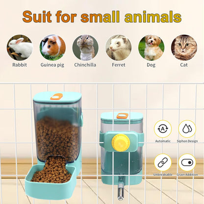 Rabbit Automatic Food Feeder and Water Dispenser Bunny Gravity Feeding Station Waterer Set Hanging Self-Dispensing Feeder for Ferret,Guinea Pigs Chinchillas Hedgehog (White)