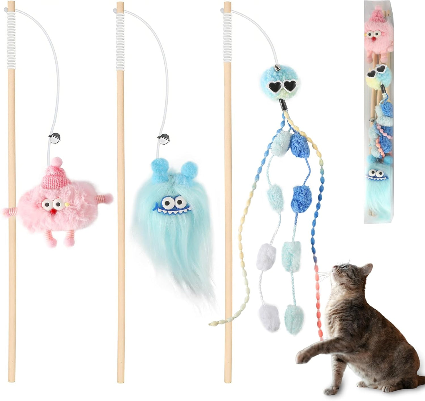 Elastic Cat Wand Toy Funny Interactive Plush Cat Fishing Pole Toy with Bell Soft Natural Wood Kitten Teaser Wand for Indoor Cats Kittens Bored Cats (3 Pack)