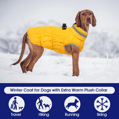 FUAMEY Dog Coat for Large Dogs,Waterproof Dog Winter Jacket with Harness Built in Puppy Cold Weather Coats Reflective Pet Vest with Zipper Warm Fleece Dogs Snowsuit Windproof Yellow 3XL