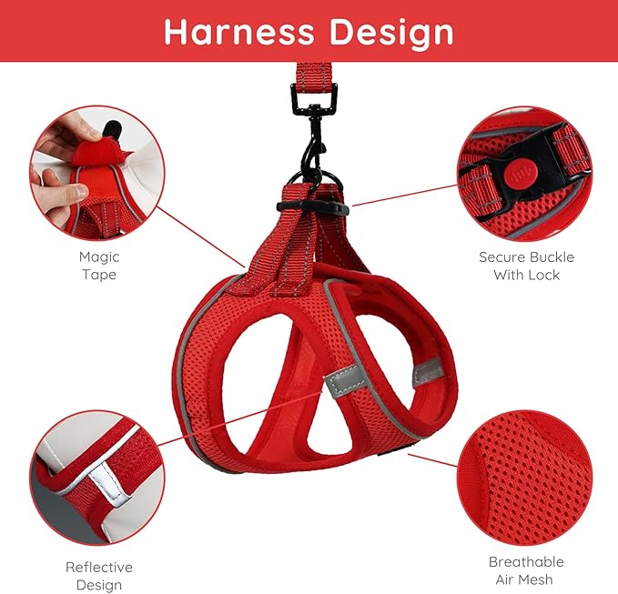 BELLA & PAL Step in Vest Harness for Small and Medium Dogs, No Pull Small Dog Harness with Leash Set, Comfortable Air Mesh Dog Vest Harness with Reflective Strip (Red, L)