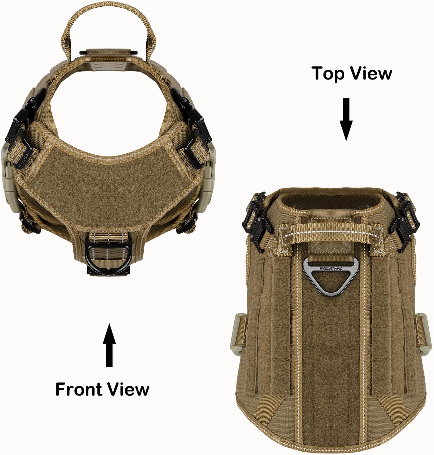 ICEFANG Tactical Dog Harness, Medium Size,2X Metal Buckle,Working Dog MOLLE Vest with Handle,No Pulling Front Leash Clip,Hook and Loop Panel (Brown,M (Pack of 1))
