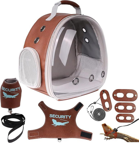 Bearded Dragon Carrier Backpack with Two Security Printing Harness with Leash Sets, Reptile Lizard Travel Bag to Carry and Transport Small Animal Kitten Bunny Guinea Pig to Vet(Brown, PU Leather)