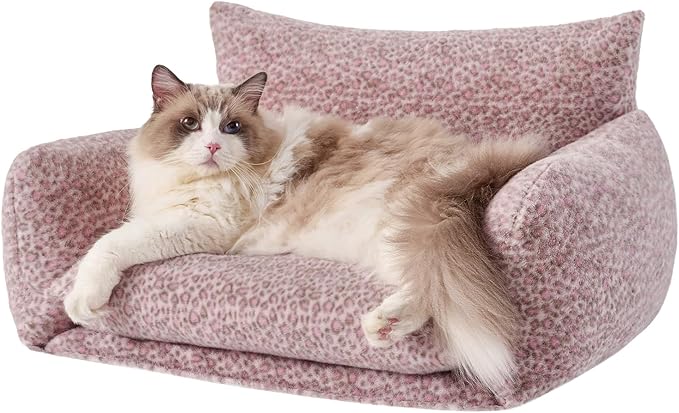 Hollypet Cat Bed Fluffy Plush Mutifuctional Double-Layer Soft Pet Couch Orthopedic Sofa Nest Beds for Small Cats and Dogs, Pink Leopard (25x20x13 inch)