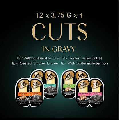 Sheba Perfect Portions Wet Cat Food Cuts in Gravy Variety Pack, Roasted Chicken, Tender Turkey, with Sustainable Salmon, and with Sustainable Tuna, 2.6 oz. Twin-Pack Trays (48 Count, 96 Servings)