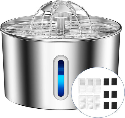 Cat Water Fountain Stainless Steel - 74oz/2.2L Corded Pet Water Dispenser Automatic Silent Cats Dispenser for Drinking Inside Indoor Metal Kitty Spout Fountain with 6 Filters & 6 Sponges