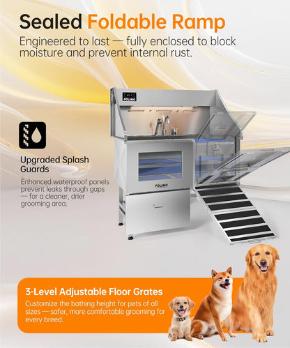 POLIMO Dog Wash Station with Pet Dryer & LED, Professional Dog Bathing Station for Large, Medium & Small Dogs – with Window, Ramp, Drawer, Floor Grate, LED Display & Faucet (Right Ramp & Dryer, 61")